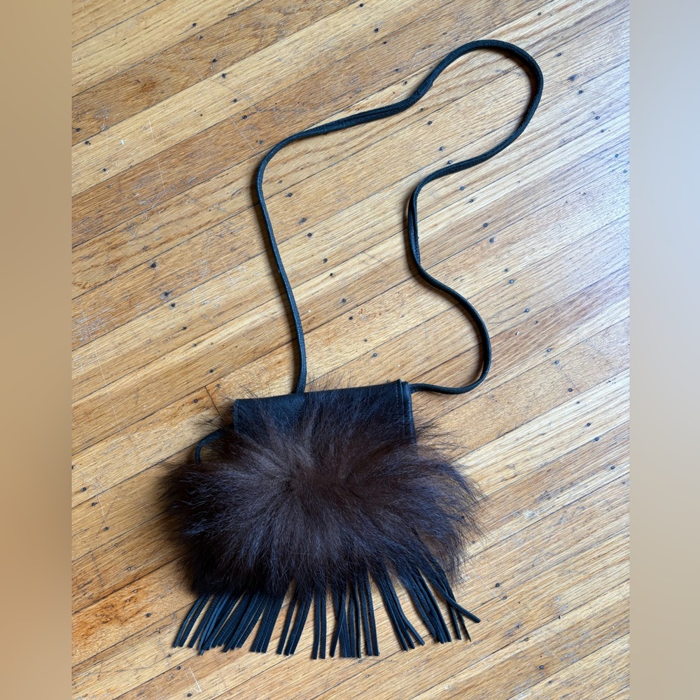 SOLD Vintage Brown Fur Black Leather Fringe Boho Crossbody Bag